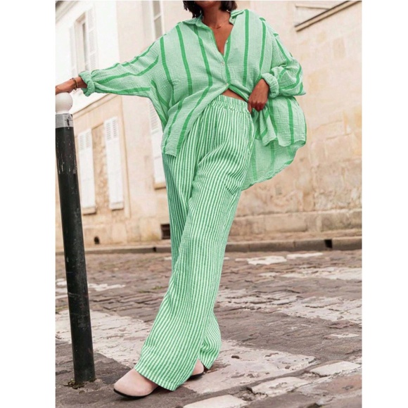 Green Striped Oversized Button Down Shirt Long Sleeve - Picture 3 of 8